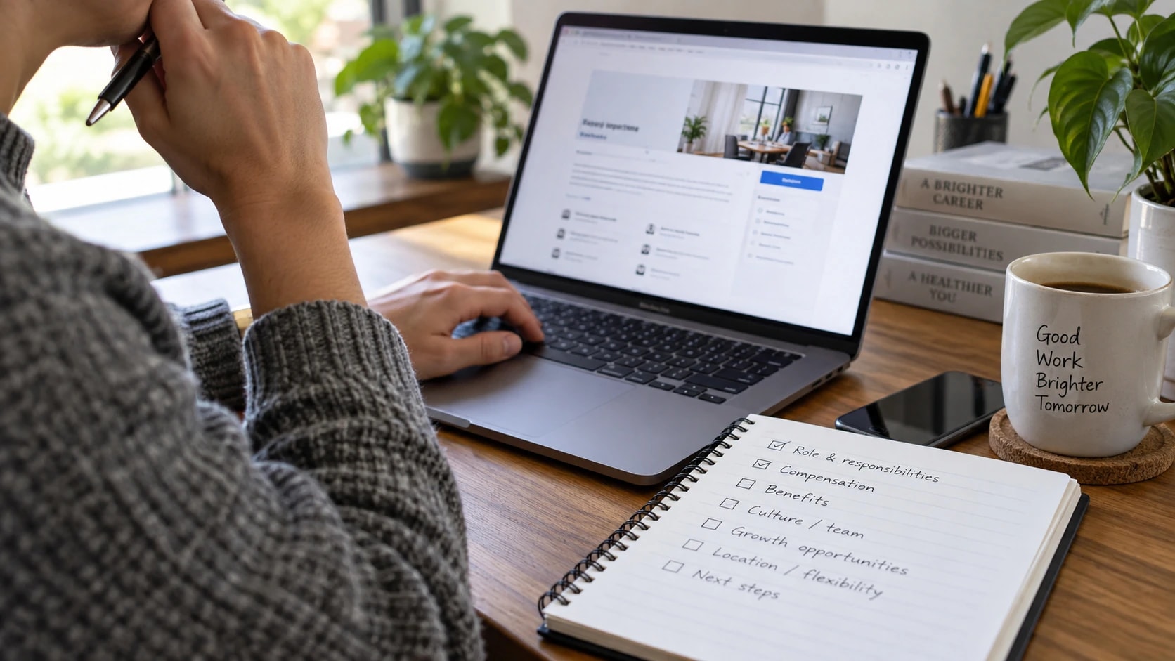 Munkalehetőség részleteit ellenőrző személy laptop és jegyzetek mellett