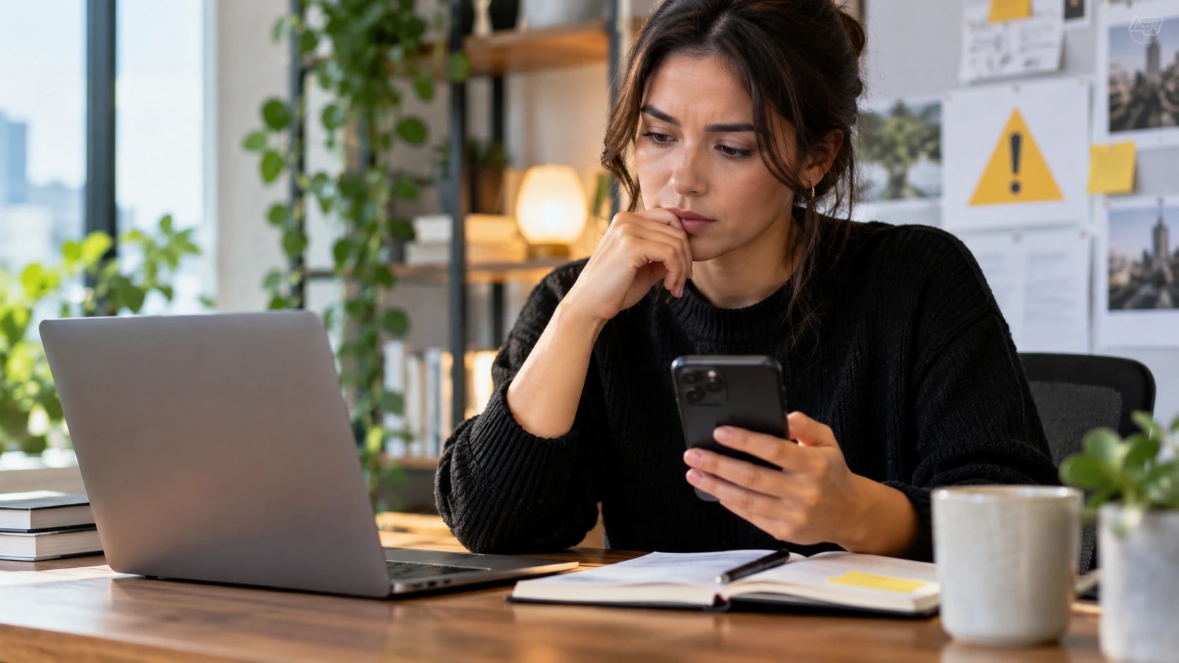 Munkalehetőség részleteit telefonon ellenőrző személy laptop mellett